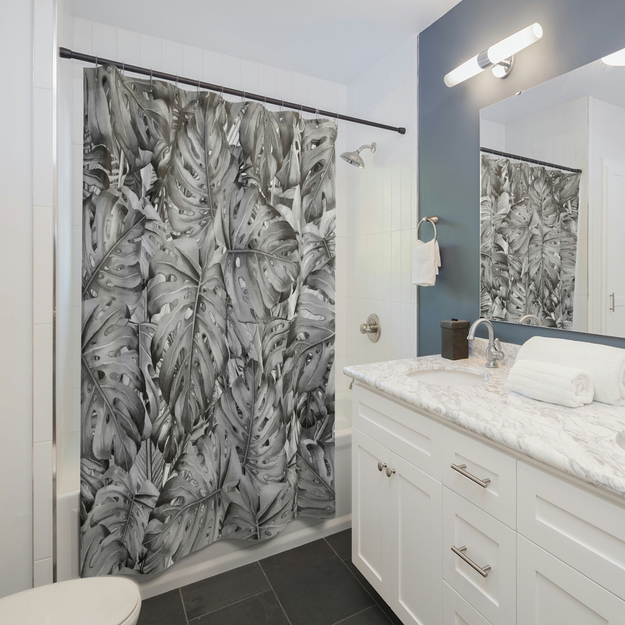Tropical Jungle Monstera Leaves Floral Shower Curtain With Gray Ombre For Exotic Bathroom - Image 2