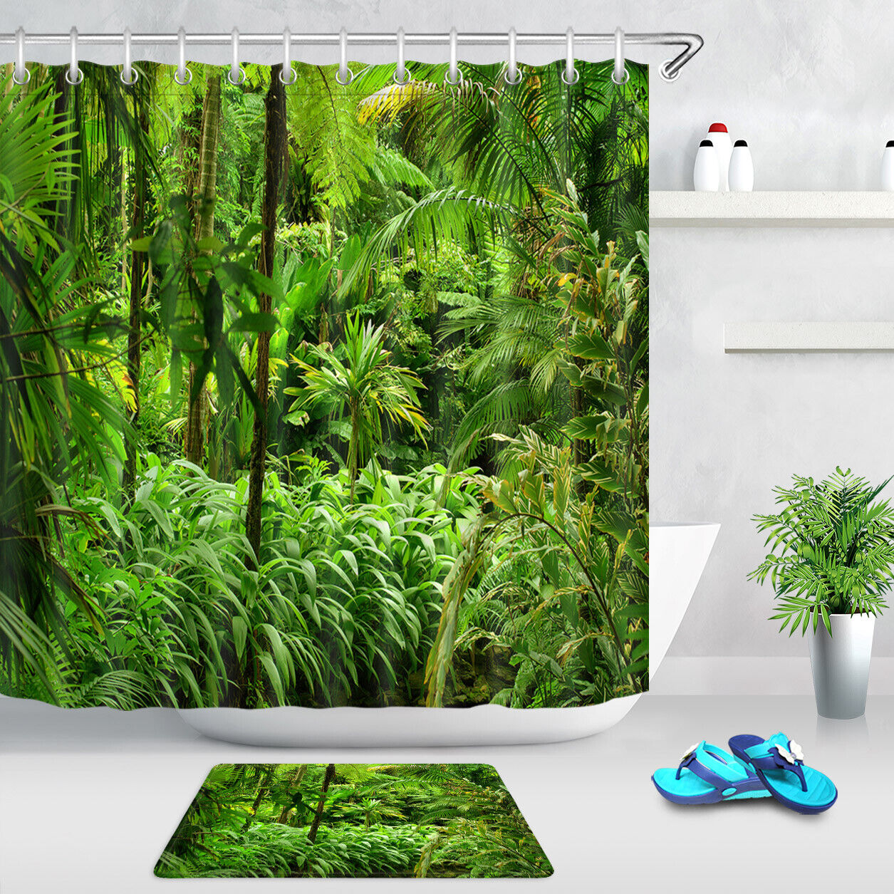 Tropical Jungle Nature View Shower Curtain With Colorful Design For Bathroom Decor