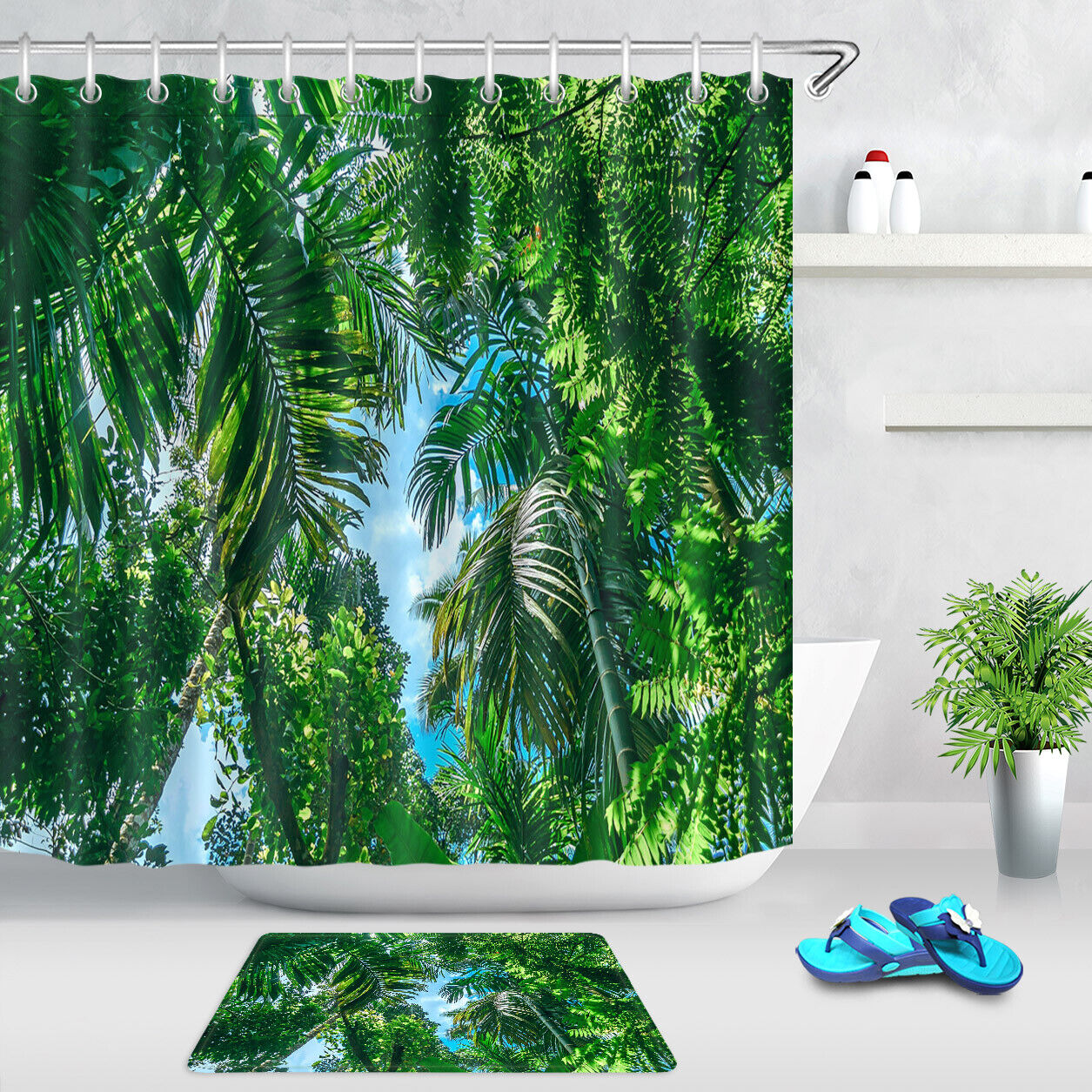 Tropical Jungle Palm Tree Landscape Vintage Shower Curtain Ideas Waterproof Washable