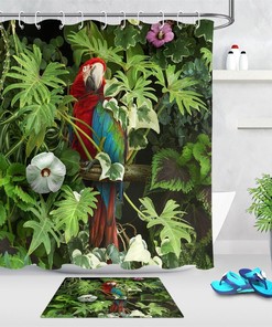 Tropical Jungle Parrot Shower Curtain With Colorful Leaves And Flowers For Vibrant Bathroom Decor
