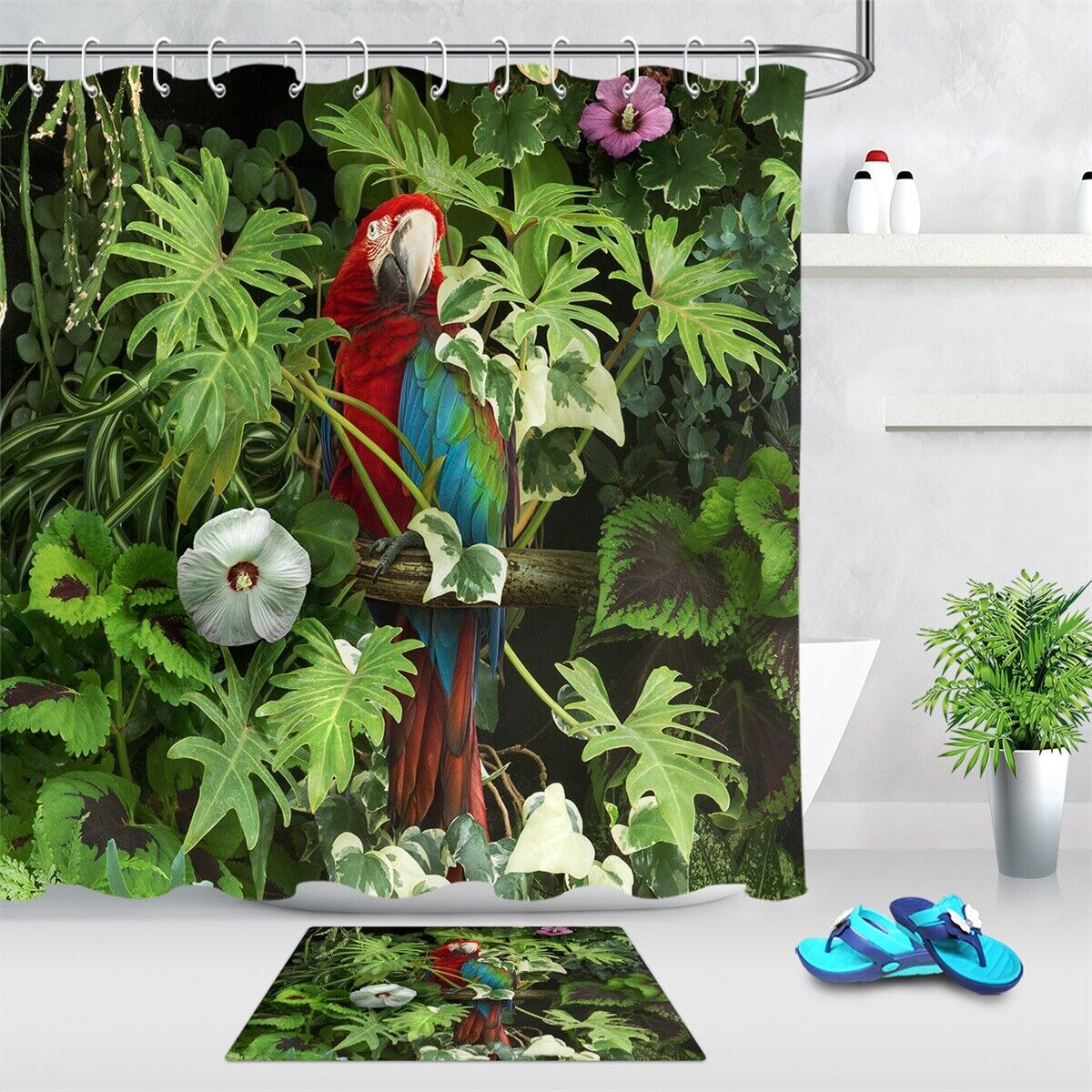 Tropical Jungle Parrot Shower Curtain With Colorful Leaves And Flowers For Vibrant Bathroom Decor