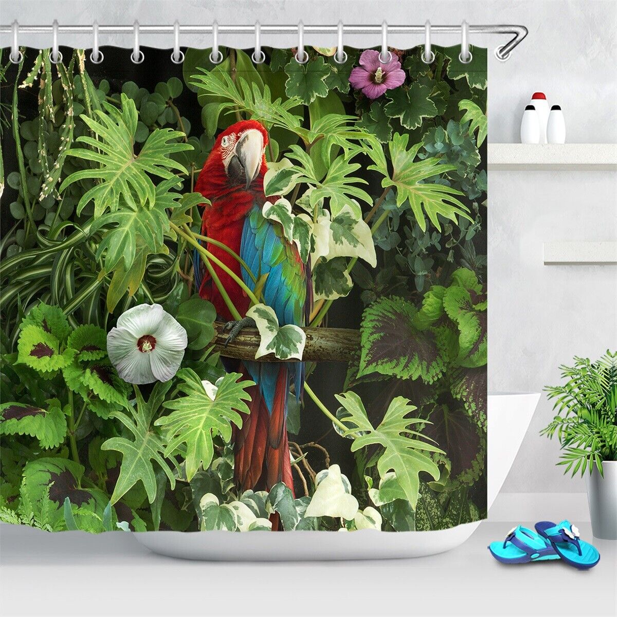 Tropical Jungle Parrot Shower Curtain With Colorful Leaves And Flowers For Vibrant Bathroom Decor - Image 2