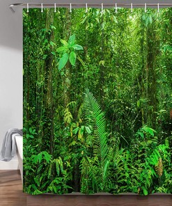 Tropical Jungle Rainforest Landscape Green Forest Shower Curtain, Waterproof Fabric Bath Curtain With Nature Print
