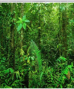 Tropical Jungle Rainforest Landscape Green Forest Shower Curtain, Waterproof Fabric Bath Curtain With Nature Print