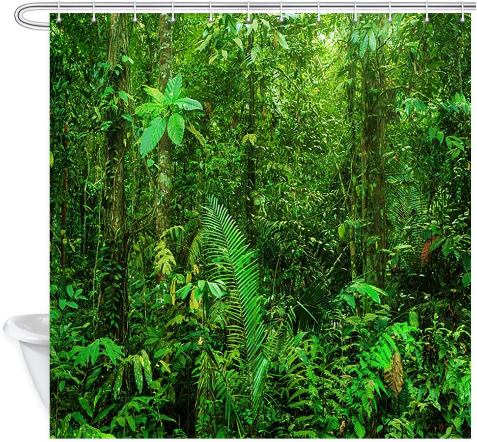 Tropical Jungle Rainforest Landscape Green Forest Shower Curtain, Waterproof Fabric Bath Curtain With Nature Print