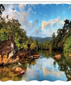 Tropical Jungle River National Park Landscape Shower Curtain for Exotic Bathroom Decor