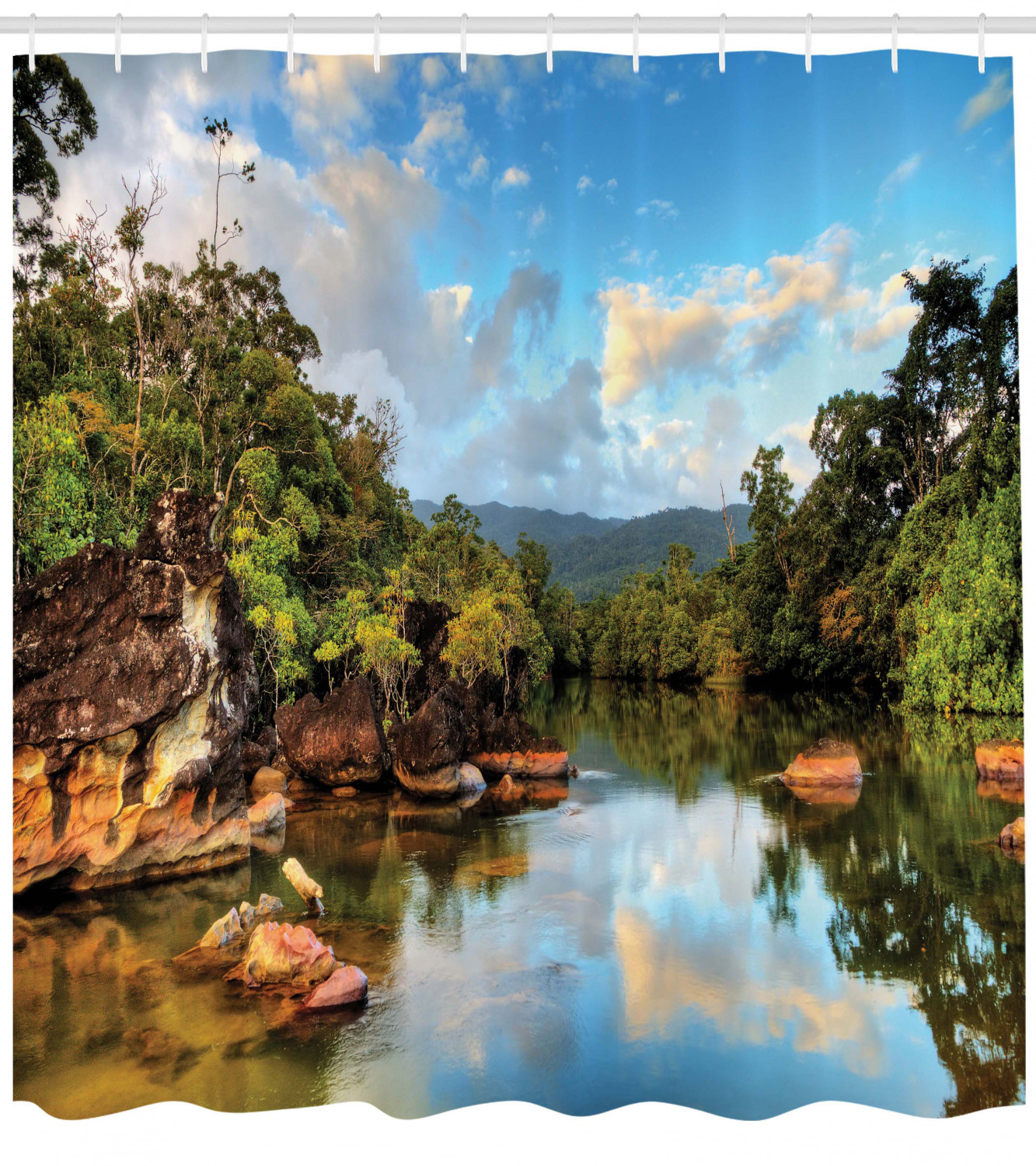 Tropical Jungle River National Park Landscape Shower Curtain for Exotic Bathroom Decor