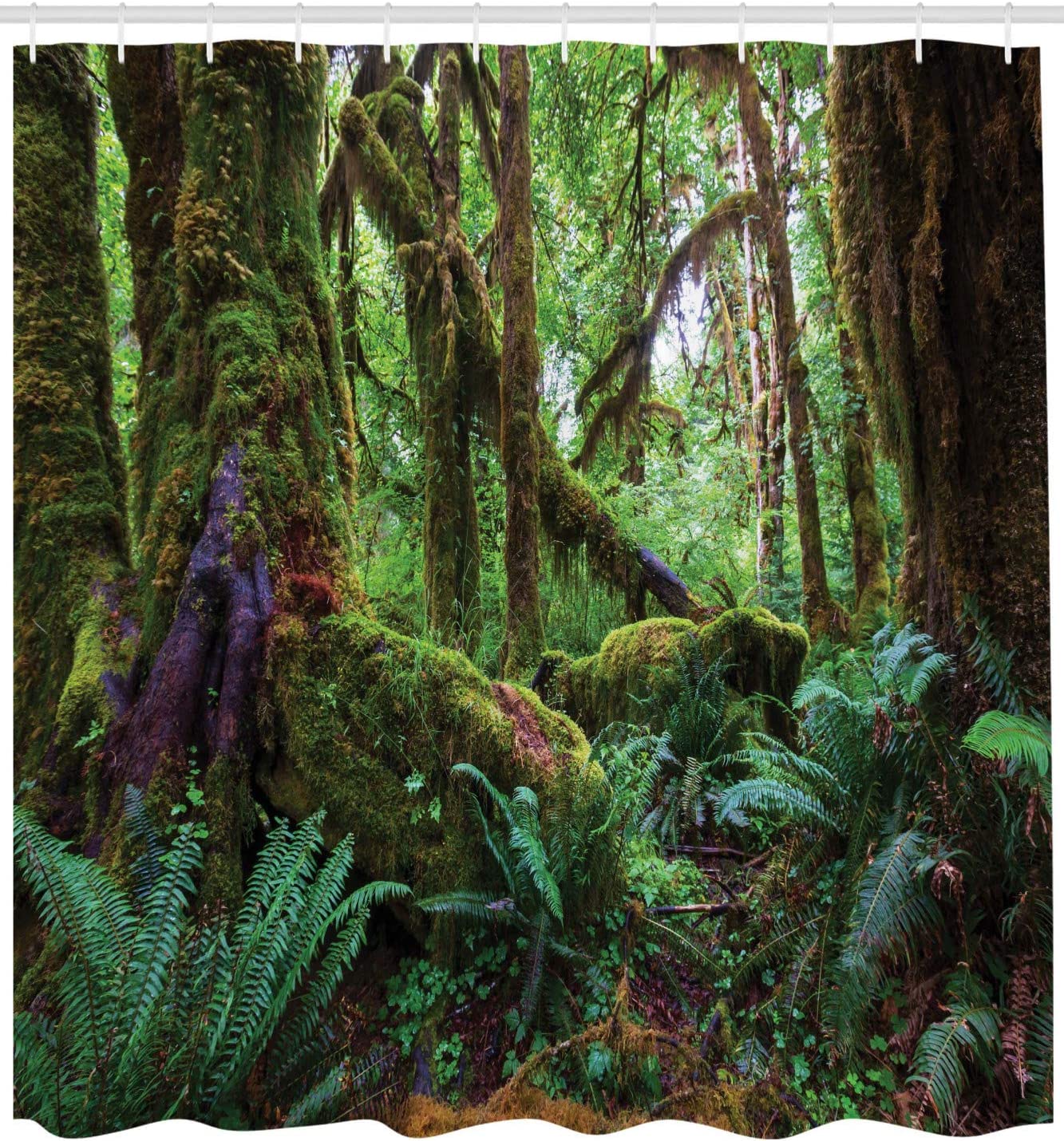 Tropical Jungle Shower Curtain | Wilderness Vegetation Land Scene | Cloth Fabric Bathroom Decor (Green Brown) - Image 2