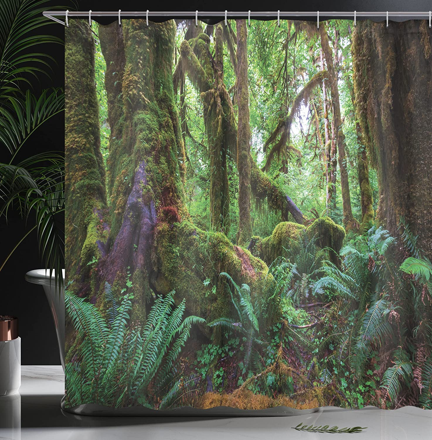 Tropical Jungle Shower Curtain | Wilderness Vegetation Land Scene | Cloth Fabric Bathroom Decor (Green Brown) - Image 3