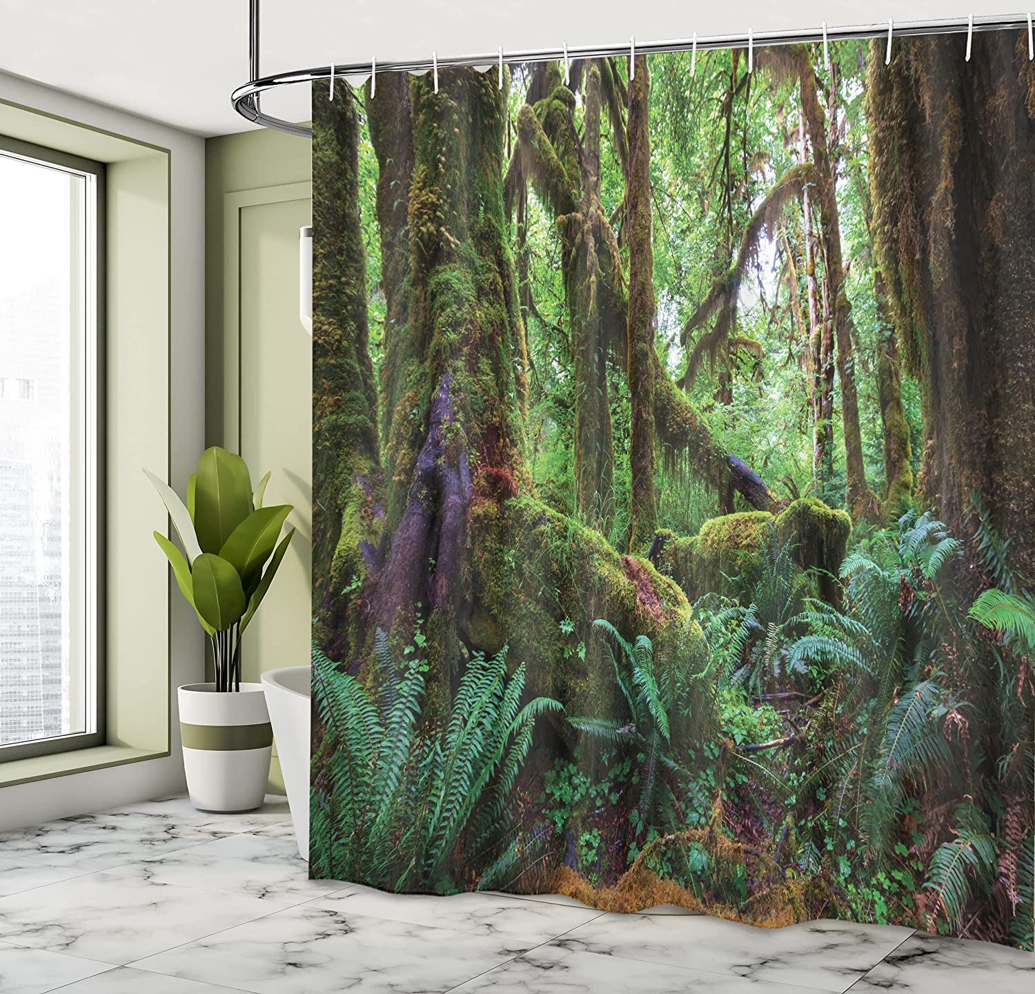 Tropical Jungle Shower Curtain | Wilderness Vegetation Land Scene | Cloth Fabric Bathroom Decor (Green Brown) - Image 4