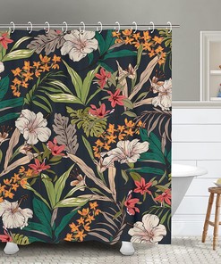 Tropical Jungle Shower Curtain with Dark Floral Leaf Flower Aesthetic, Nature Bathroom Decor 