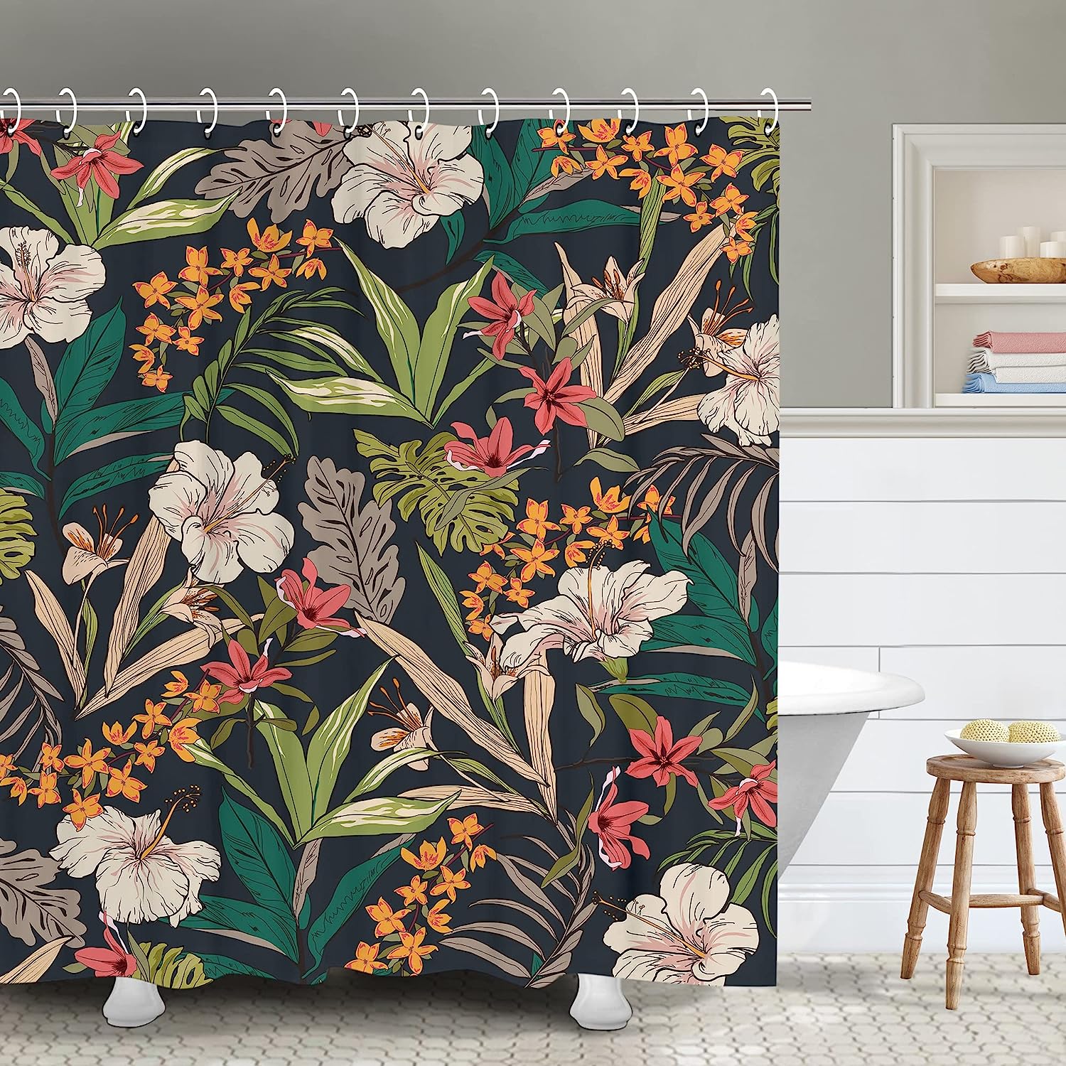 Tropical Jungle Shower Curtain with Dark Floral Leaf Flower Aesthetic, Nature Bathroom Decor