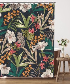 Tropical Jungle Shower Curtain with Dark Floral Leaf Flower Aesthetic, Nature Bathroom Decor