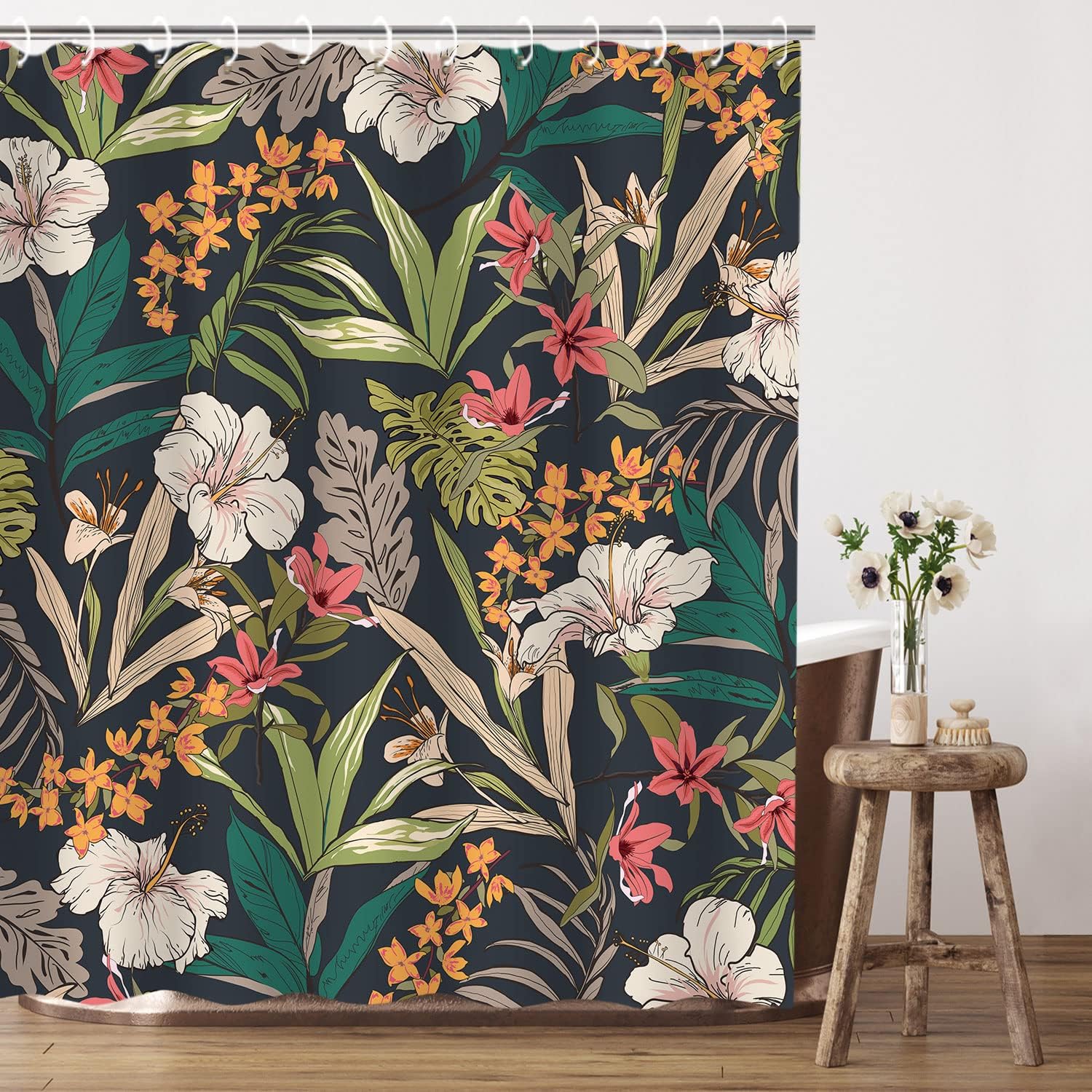 Tropical Jungle Shower Curtain with Dark Floral Leaf Flower Aesthetic, Nature Bathroom Decor