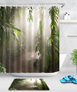 Tropical Jungle Trees Sunshine Small Road Shower Curtain - Waterproof Fabric with Inviting and Scenic Print
