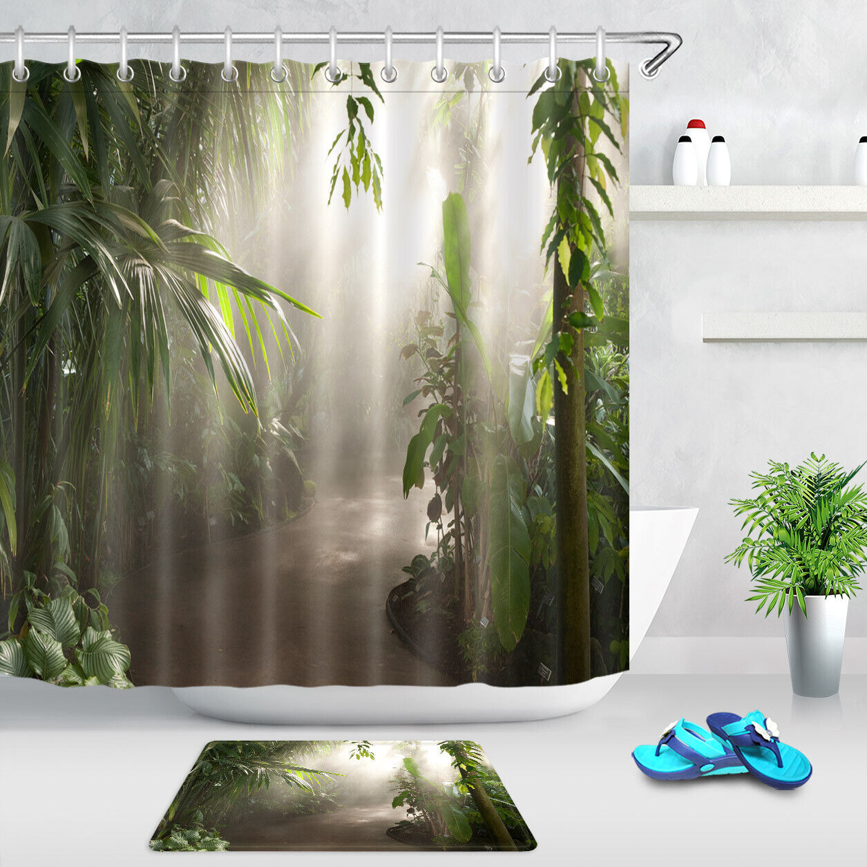 Tropical Jungle Trees Sunshine Small Road Shower Curtain - Waterproof Fabric with Inviting and Scenic Print