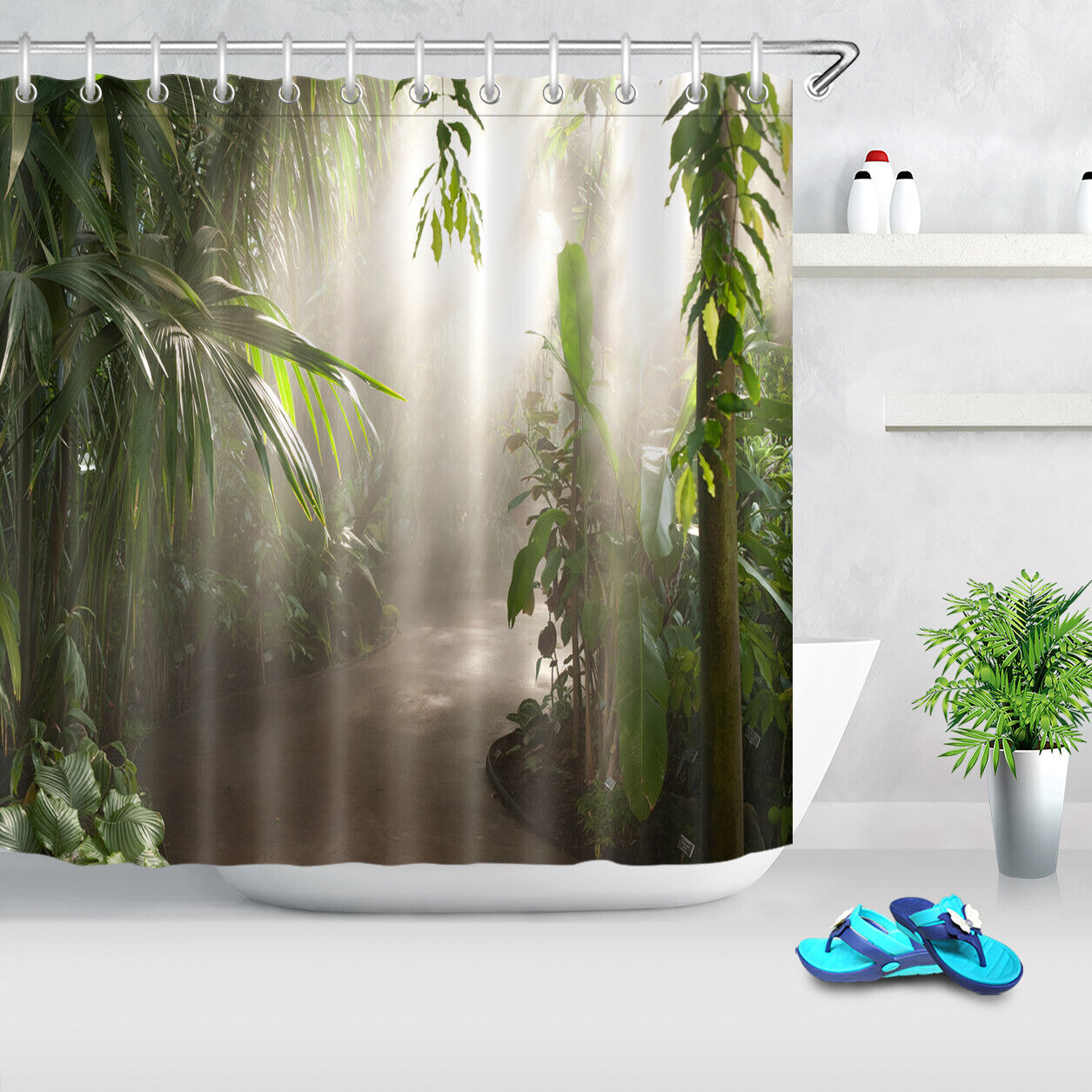 Tropical Jungle Trees Sunshine Small Road Shower Curtain - Waterproof Fabric with Inviting and Scenic Print