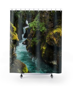 Tropical Jungle Waterfall Shower Curtain, Green Nature Scenery for a Nature Bathroom 