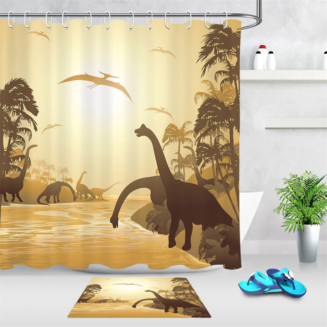 Tropical Landscape Dinosaur Shower Curtain for a Sunny Bathroom