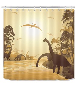 Tropical Landscape Dinosaur Shower Curtain for a Sunny Bathroom