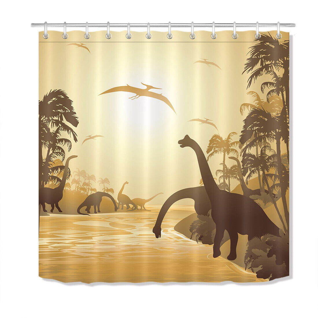 Tropical Landscape Dinosaur Shower Curtain for a Sunny Bathroom