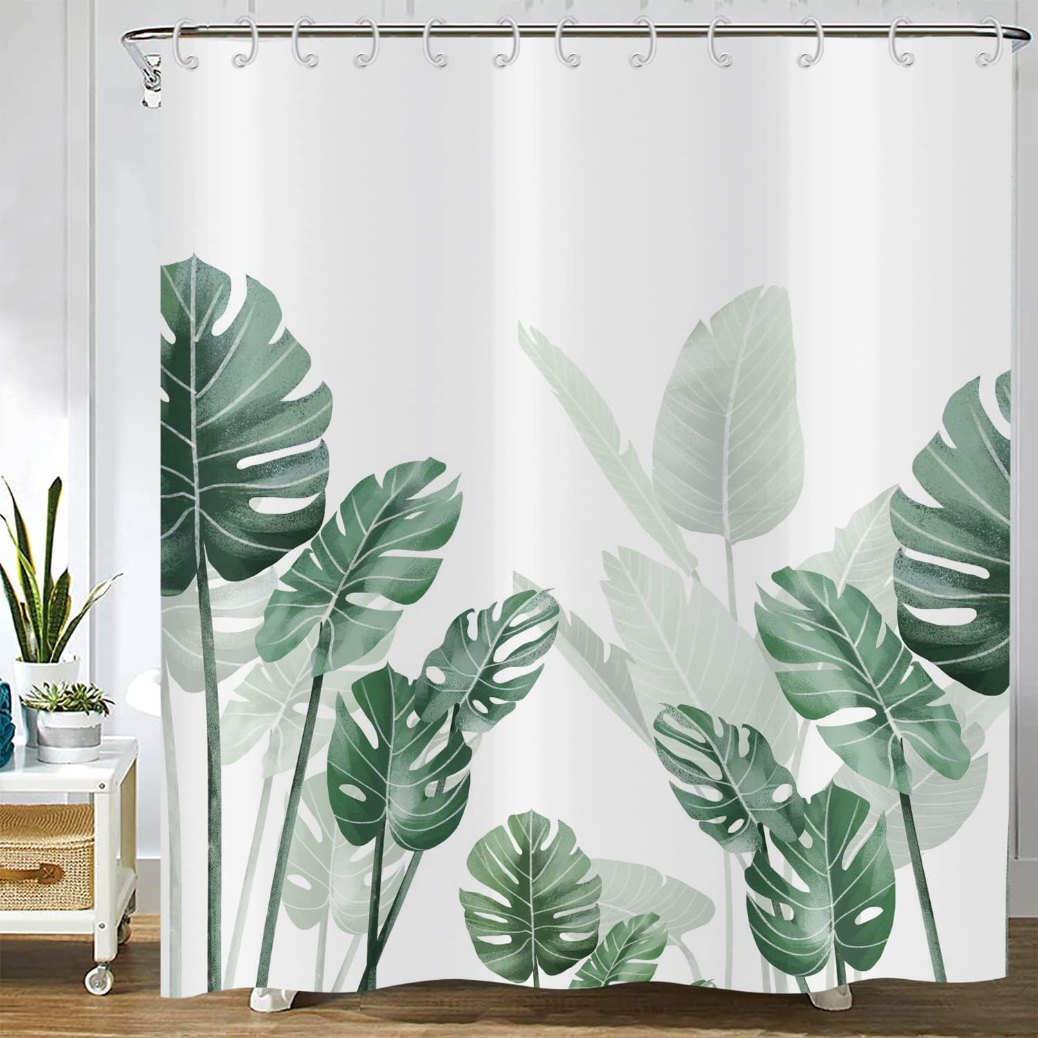 Tropical Leaf And Palm Tree Shower Curtain With Modern Design, Waterproof Fabric For Bathroom Decor