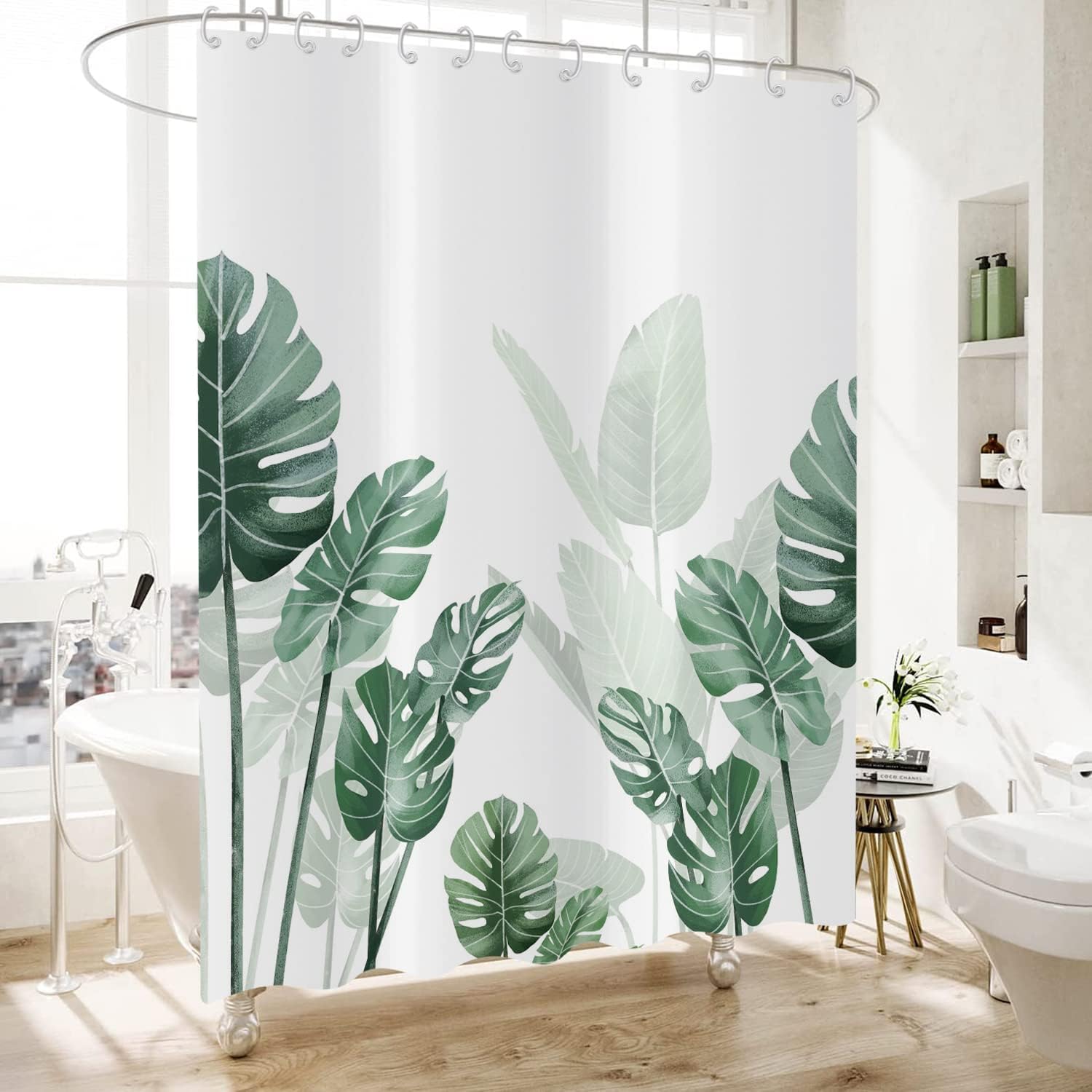 Tropical Leaf And Palm Tree Shower Curtain With Modern Design, Waterproof Fabric For Bathroom Decor