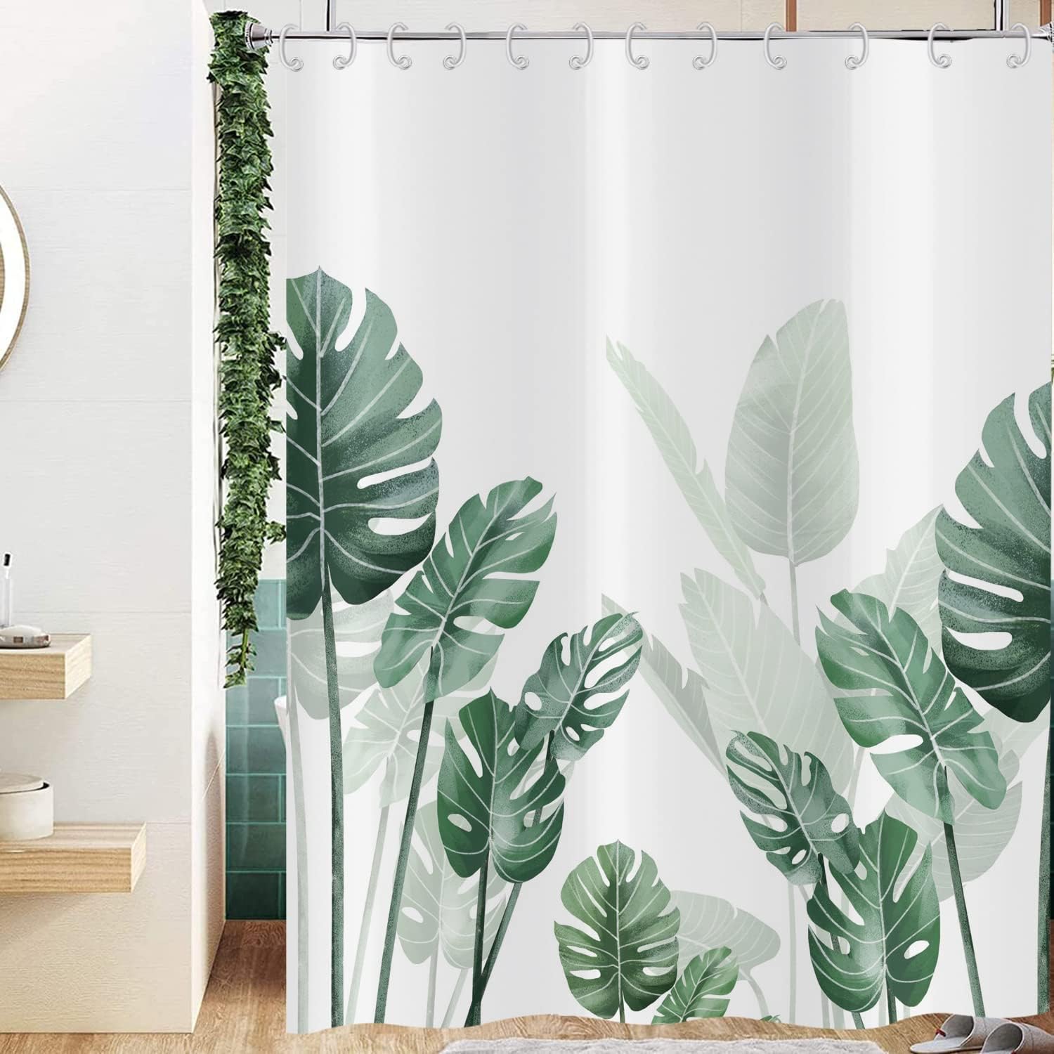 Tropical Leaf And Palm Tree Shower Curtain With Modern Design, Waterproof Fabric For Bathroom Decor