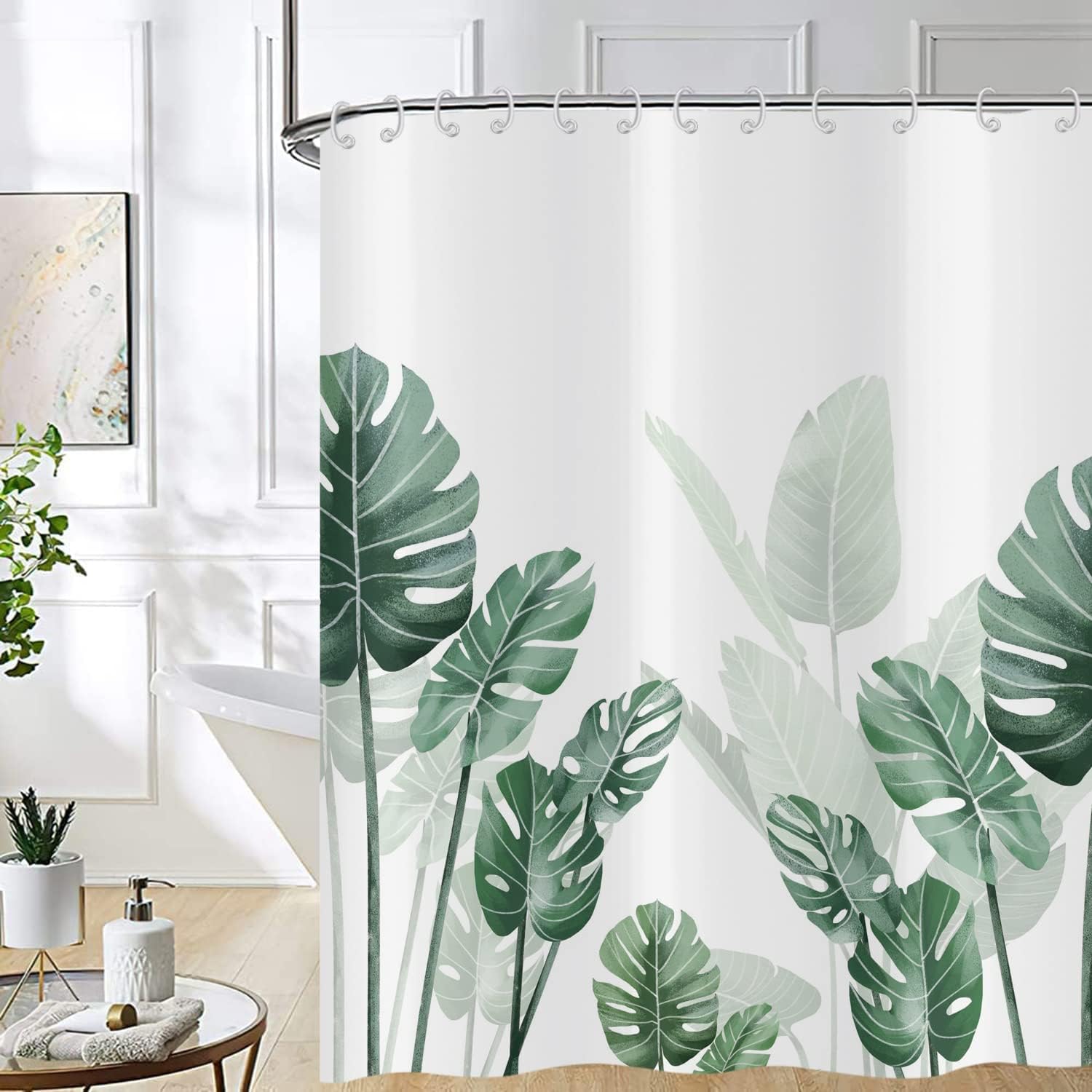 Tropical Leaf And Palm Tree Shower Curtain With Modern Design, Waterproof Fabric For Bathroom Decor
