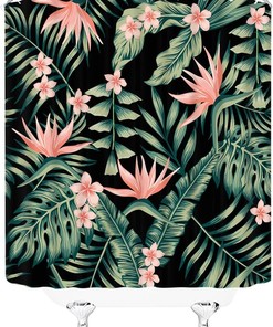 Tropical Leaf Boho Green Palm Monstera Leaves Pink Flower Floral Hawaii Botanical Hibiscus Plumeria