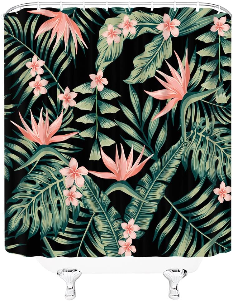 Tropical Leaf Boho Green Palm Monstera Leaves Pink Flower Floral Hawaii Botanical Hibiscus Plumeria