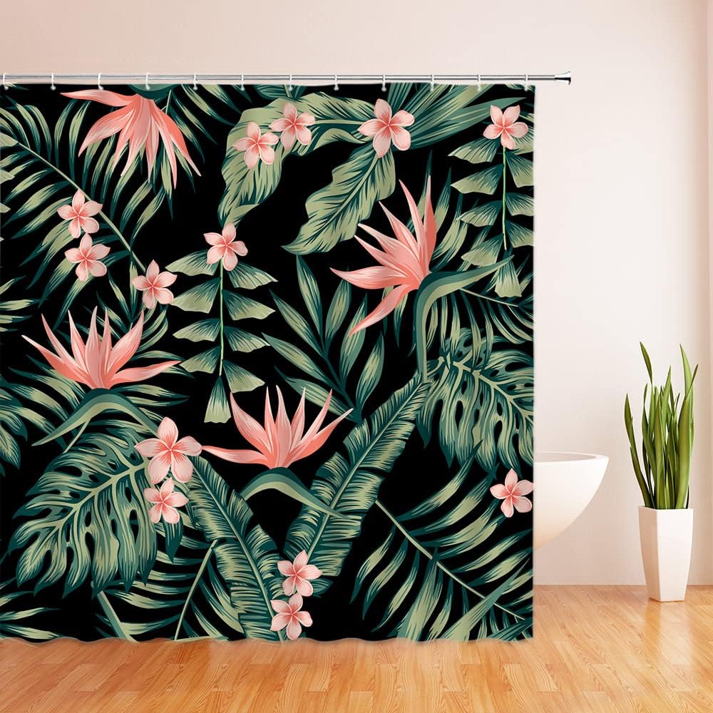 Tropical Leaf Boho Green Palm Monstera Leaves Pink Flower Floral Hawaii Botanical Hibiscus Plumeria - Image 3