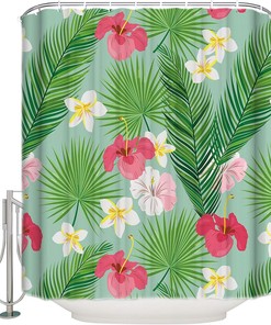 Tropical Leaf, Hibiscus and Frangipani Print Shower Curtain for Bathroom Decor