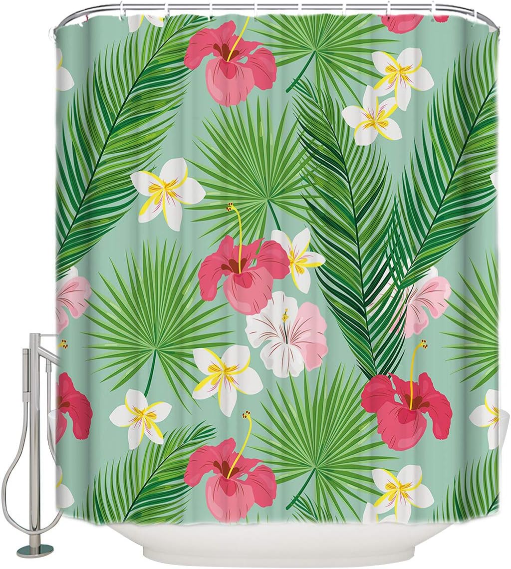 Tropical Leaf, Hibiscus and Frangipani Print Shower Curtain for Bathroom Decor