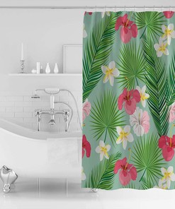 Tropical Leaf, Hibiscus and Frangipani Print Shower Curtain for Bathroom Decor