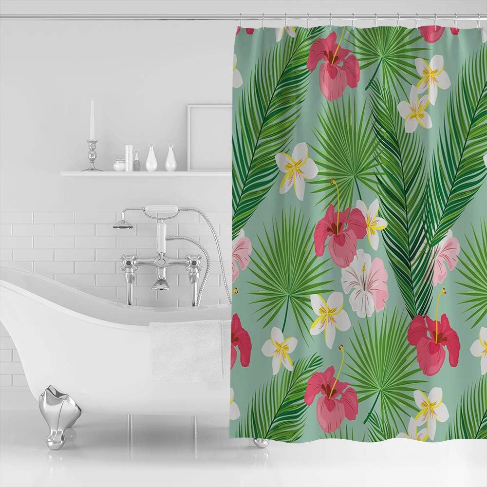 Tropical Leaf, Hibiscus and Frangipani Print Shower Curtain for Bathroom Decor