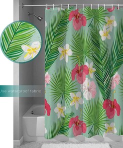 Tropical Leaf, Hibiscus and Frangipani Print Shower Curtain for Bathroom Decor
