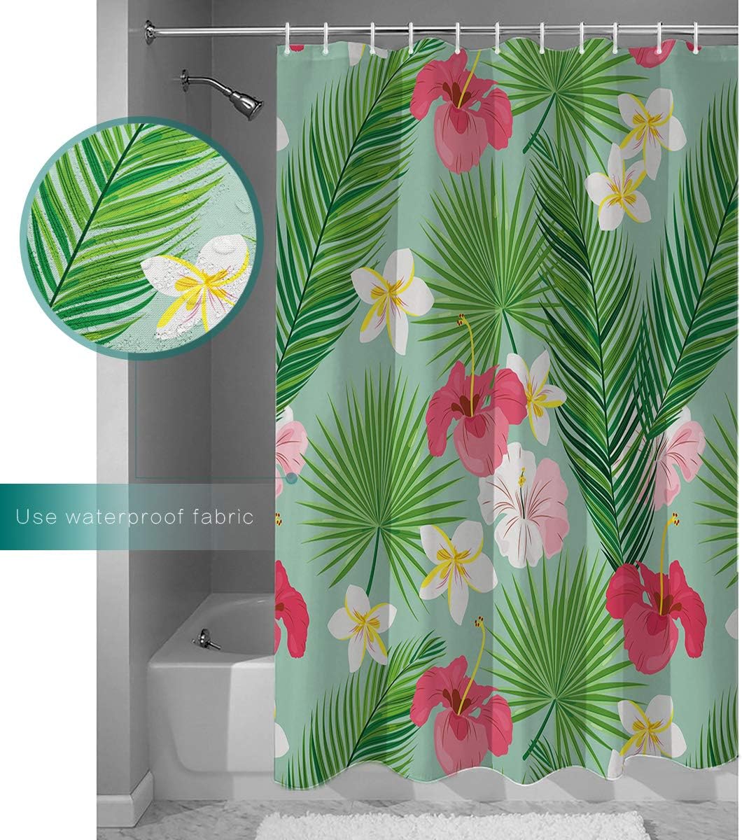 Tropical Leaf, Hibiscus and Frangipani Print Shower Curtain for Bathroom Decor