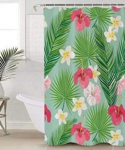 Tropical Leaf, Hibiscus and Frangipani Print Shower Curtain for Bathroom Decor