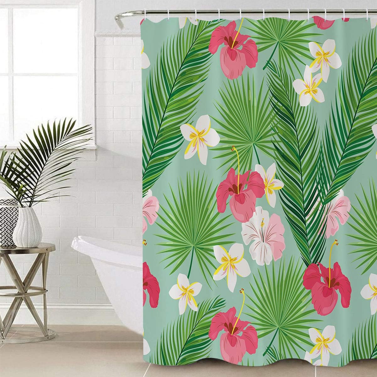Tropical Leaf, Hibiscus and Frangipani Print Shower Curtain for Bathroom Decor