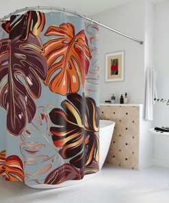 Tropical Leaf Pattern Shower Curtain with Orange, Black, and Brown Colors