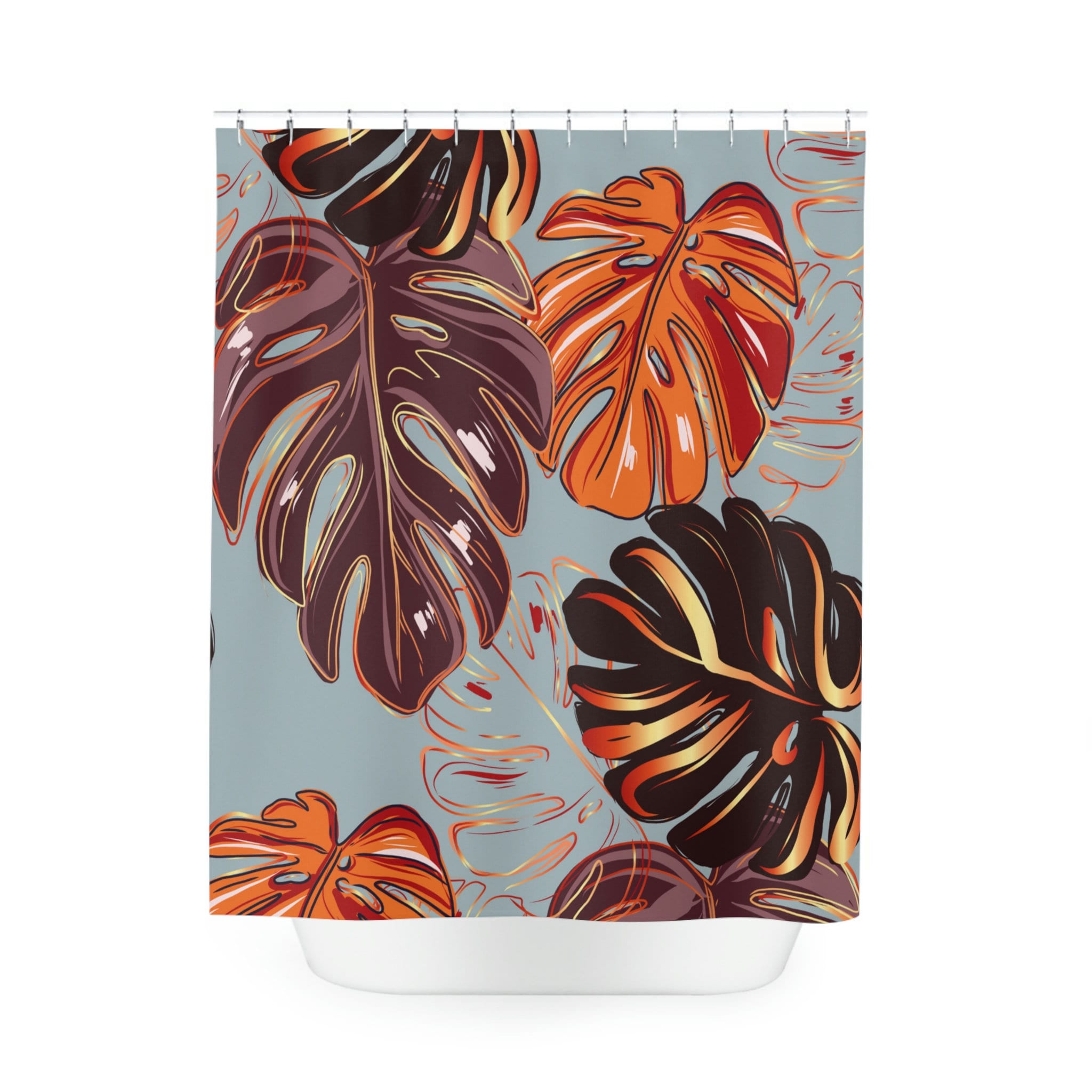 Tropical Leaf Pattern Shower Curtain with Orange, Black, and Brown Colors