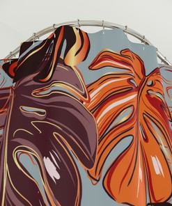 Tropical Leaf Pattern Shower Curtain with Orange, Black, and Brown Colors