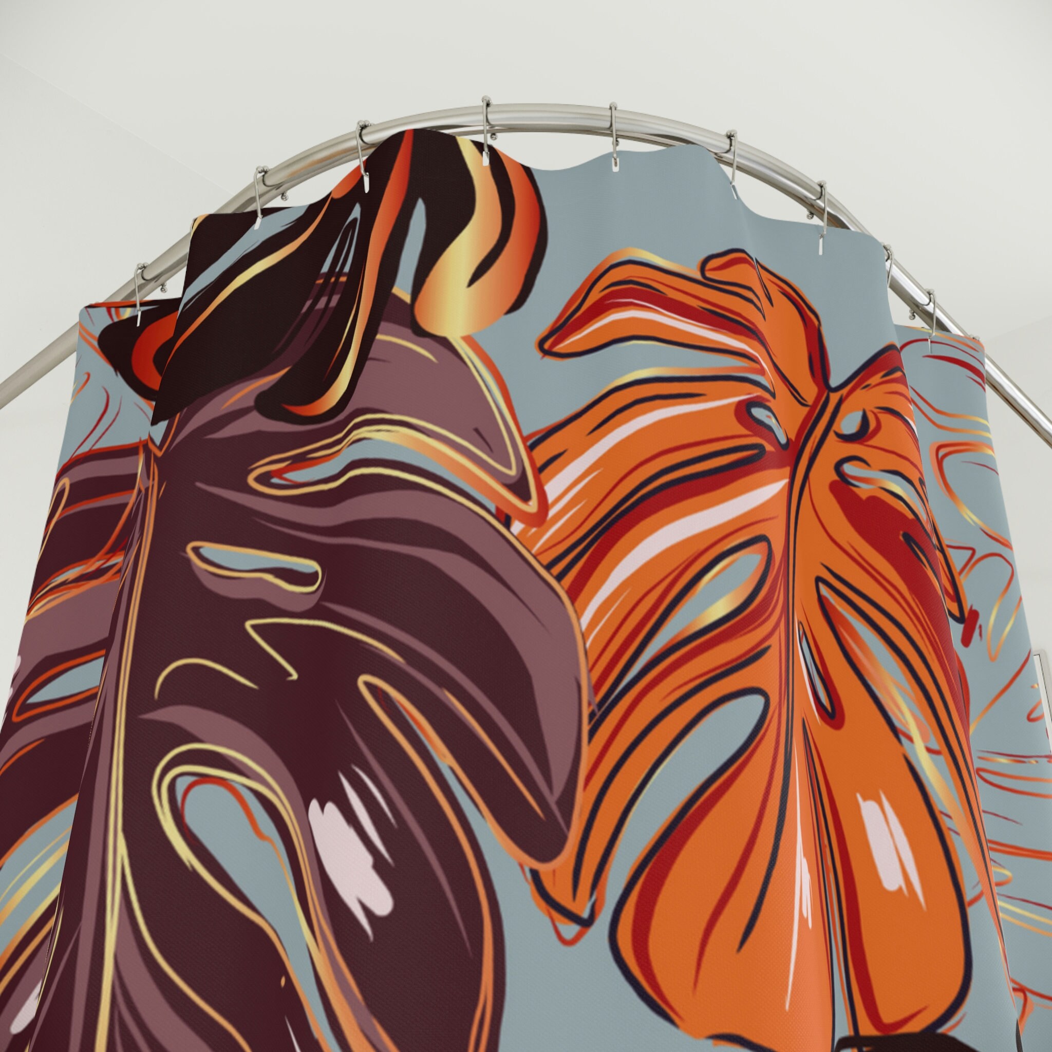 Tropical Leaf Pattern Shower Curtain with Orange, Black, and Brown Colors
