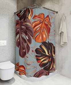 Tropical Leaf Pattern Shower Curtain with Orange, Black, and Brown Colors