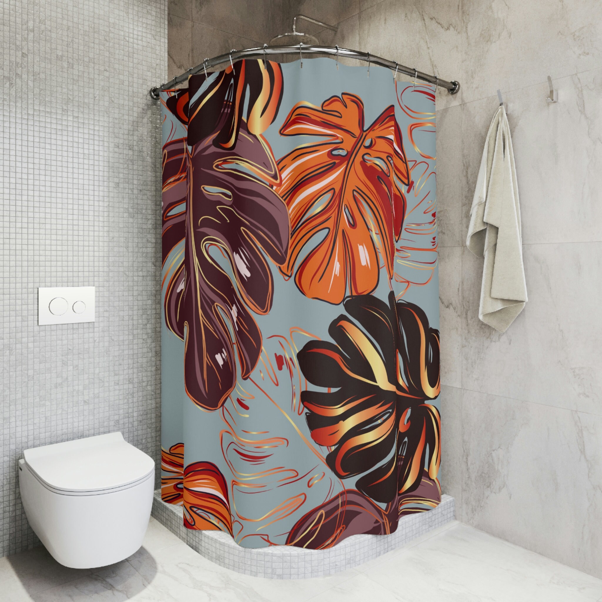 Tropical Leaf Pattern Shower Curtain with Orange, Black, and Brown Colors