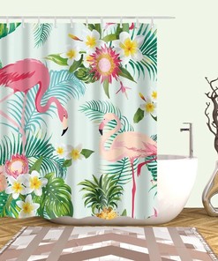 Tropical Leaf Plant Flamingos Shower Curtain - Colorful Garden Themed Bathroom Decor