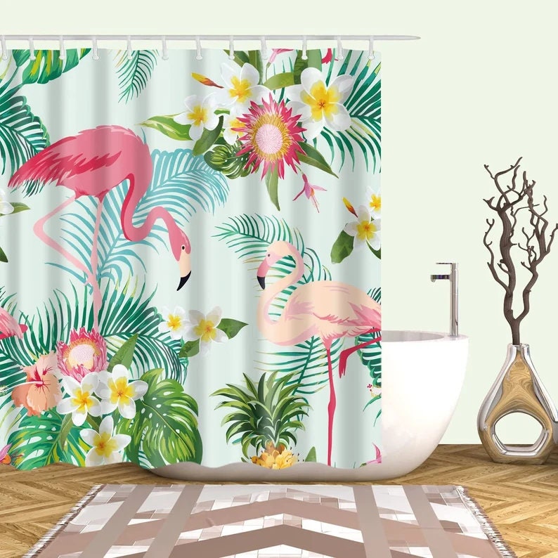 Tropical Leaf Plant Flamingos Shower Curtain - Colorful Garden Themed Bathroom Decor
