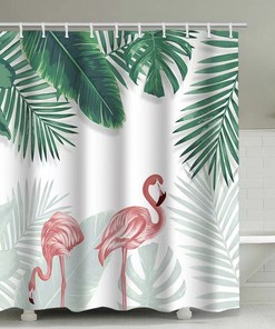 Tropical Leaf Plant Flamingos Shower Curtain - Colorful Garden Themed Bathroom Decor