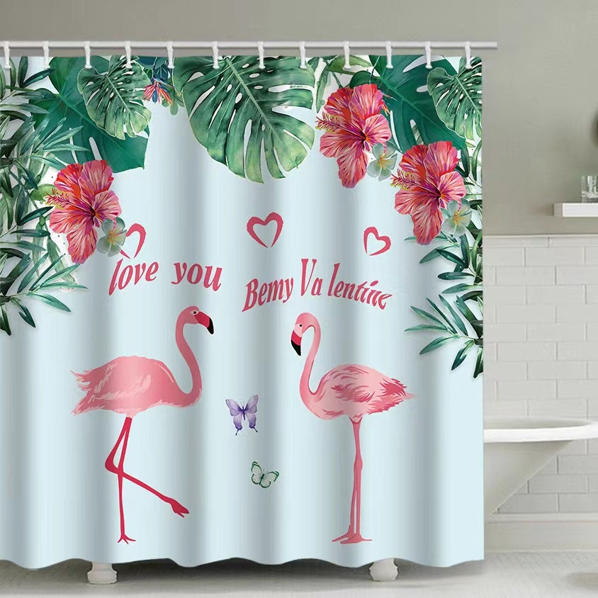 Tropical Leaf Plant Flamingos Shower Curtain - Colorful Garden Themed Bathroom Decor